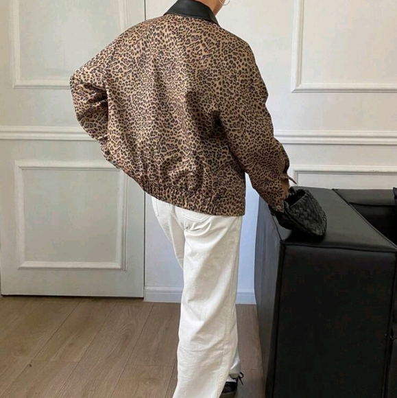 Leopard Print Patchwork Pu Collar Long Sleeve Pocket Women Jacket - Picture 2 of 8